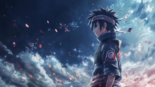 Stormlit anime warrior beneath a sky of drifting embers.