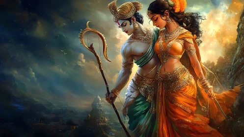 Divine warrior lovers ignite a stormlit celestial embrace.