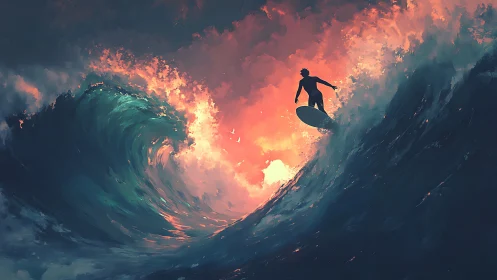 Surfer silhouette on large wave under vivid sunset sky.