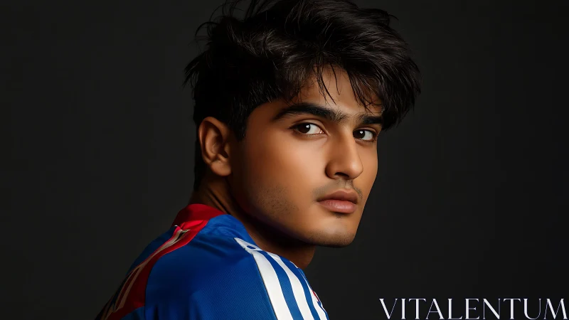 Photorealistic studio portrait, three-quarter athletic profile.