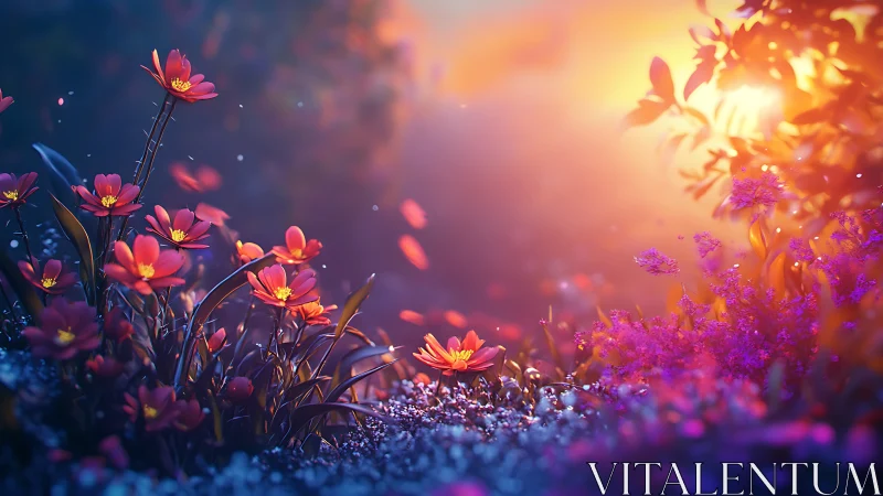 Luminous Flower Field at Golden Hour with Magical Light.