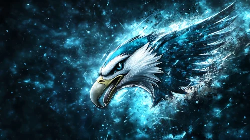 Blue-toned stylized eagle head with dynamic abstract wings.