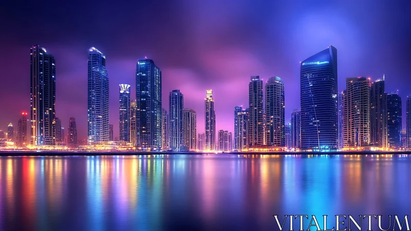 Neon city skyline glowing over calm, mirrorlike water.