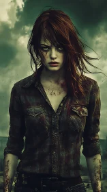 Grim red haired survivor in bloodstained shirt stands firm.