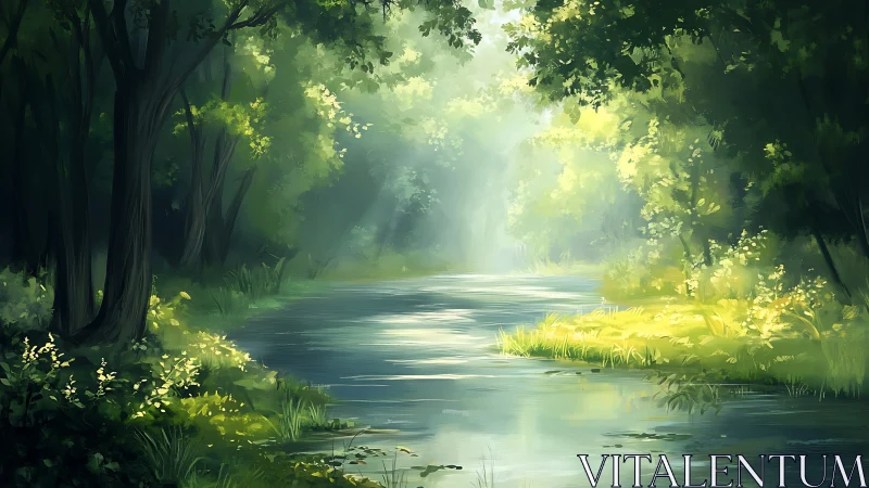 Luminous Forest Stream: Atmospheric Backlit Woodland Waterway