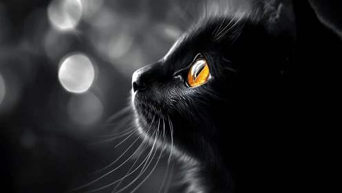 Black Cat with Golden Eyes in Atmospheric Light.