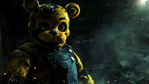 Distressed animatronic bear in cinematic low key lighting