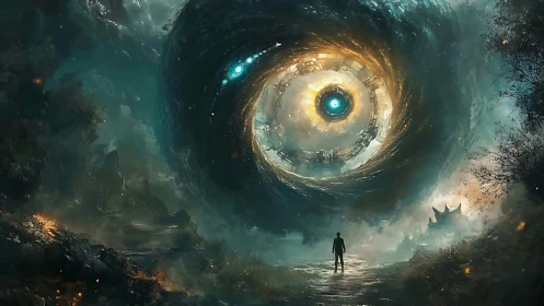 Starlit wanderer confronts colossal cosmic vortex gateway.