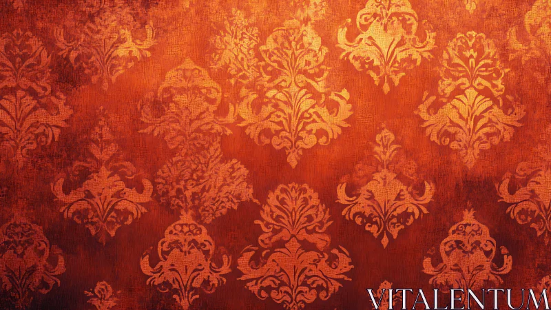 Burnt orange damask wallpaper with vintage baroque motifs.