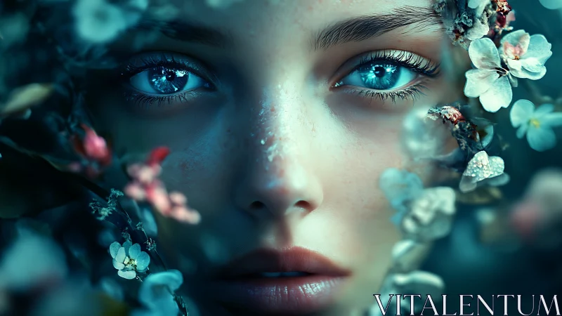 Female face with blue eyes framed by flowers in teal tones.