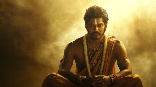 Male figure sits in traditional attire under diffused golden light