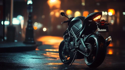 Sport motorcycle stands on wet city street at night