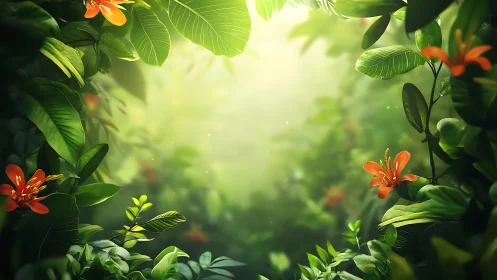 Radiant jungle clearing with volumetric light diffusion.