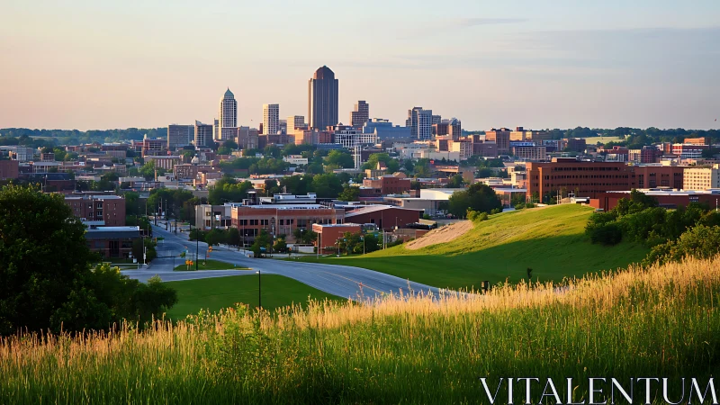 Sunlit urban skyline beyond graded green foreground embankment