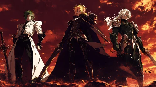 Blazing triad of armored swordsmen under a burning sky.