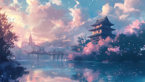Layered sunset landscape renders pagoda, bridge and petals in bloom