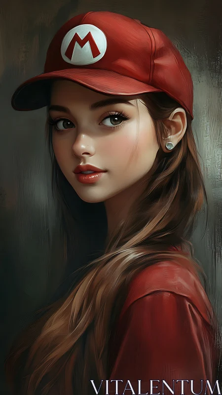 Young woman in red cap with M emblem, digital portrait.