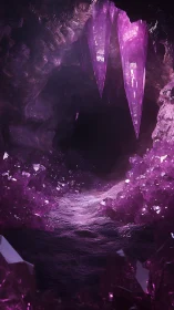 Purple crystal cavern interior shows illuminated tunnel
