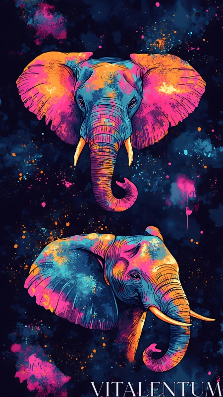 Neon elephants explode through cosmic splatter night sky