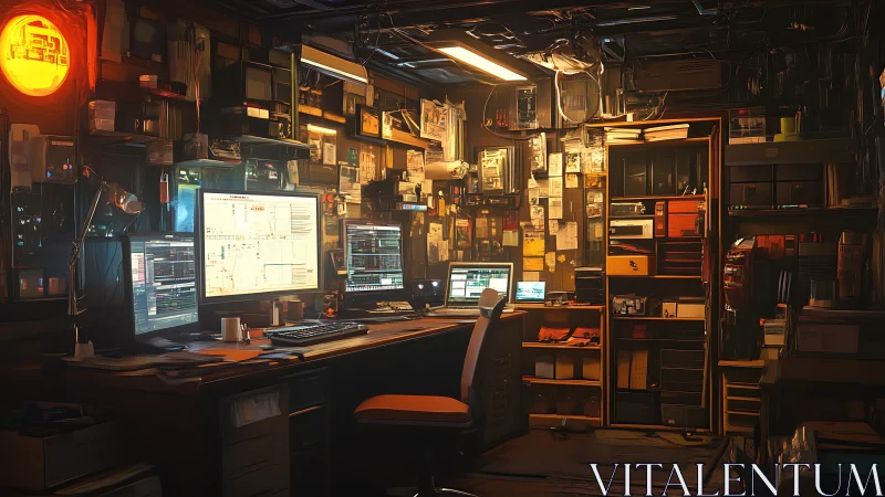 Moody hacker workspace glows with data on crowded screens