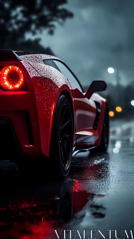 Red sports car taillights glowing on wet night street.