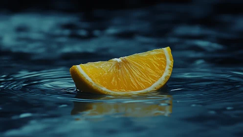 Lemon wedge floats on rippled dark water surface