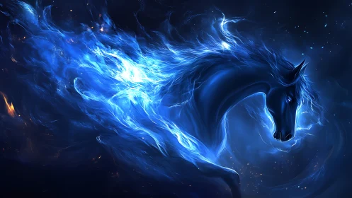 Ethereal Blue Fire Stallion in Luminous Cosmic Profile.