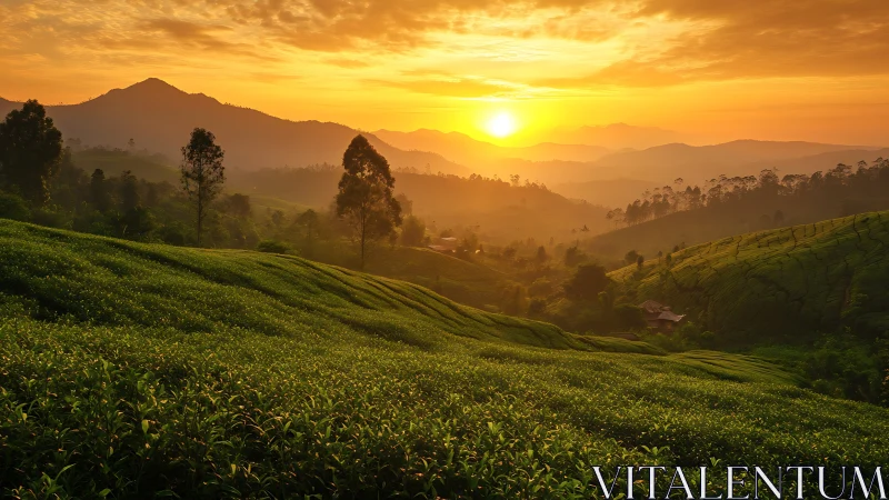 Sunlit tea plantations over rolling hills and distant ridge.