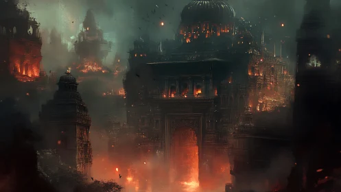Burning fantasy citadel under smoky apocalyptic sky.