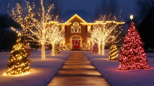 Sparkling holiday lights warmly welcome guests through snow