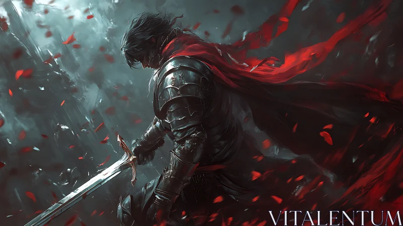 Dark knight with crimson cloak pauses amid swirling embers