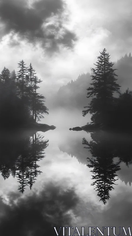 Calm misty lake cradled by tall pines and soft gray skies.