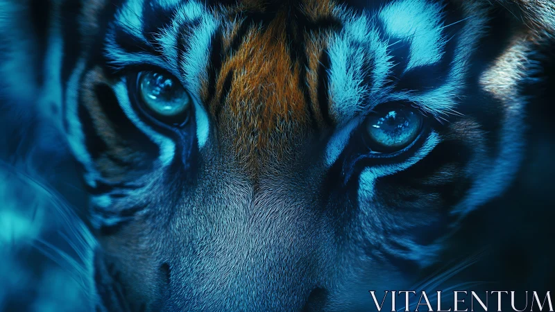 Moonlit tiger gaze in electric blue wilderness silence.