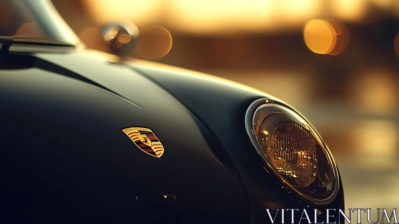 Sunlit classic sports car front with soft golden glow.