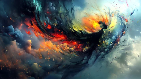 Abstract fiery phoenix form rising through swirling clouds.