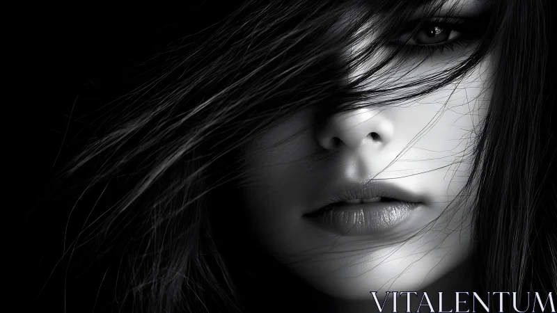 Monochrome female portrait with dramatic side lighting focus.