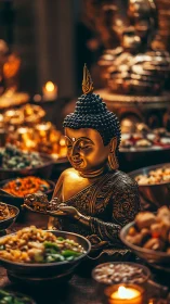 Golden Buddha statue illuminated among ritual food offerings