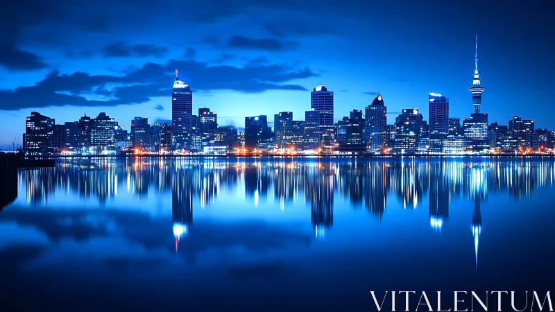 Neon-lit harbor skyline glows against deep blue twilight.