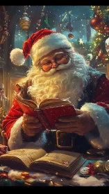 Santa studies midnight wish-lists by twinkling hearthglow.