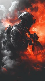 Tactical soldier silhouette in monochrome and orange vapor.