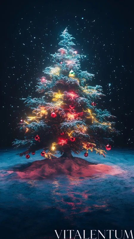 Glowing outdoor Christmas tree with lights and ornaments.