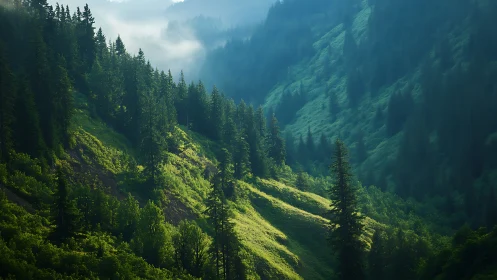 Alpine valley canyon with coniferous forest and atmospheric diffusion.