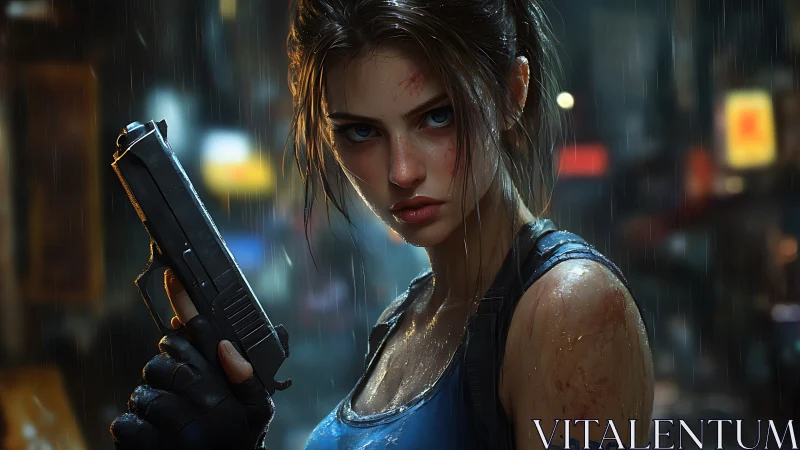 Wet-haired armed woman in rainy urban night setting.