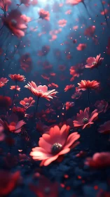 Luminescent Cosmos Daisies in Volumetric Blue Atmospheric Field.