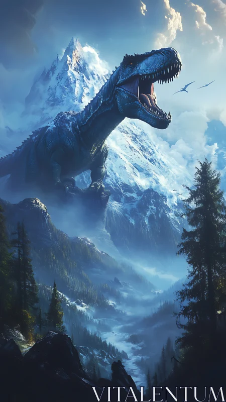 Roaring T rex strides through misty icy mountain valley