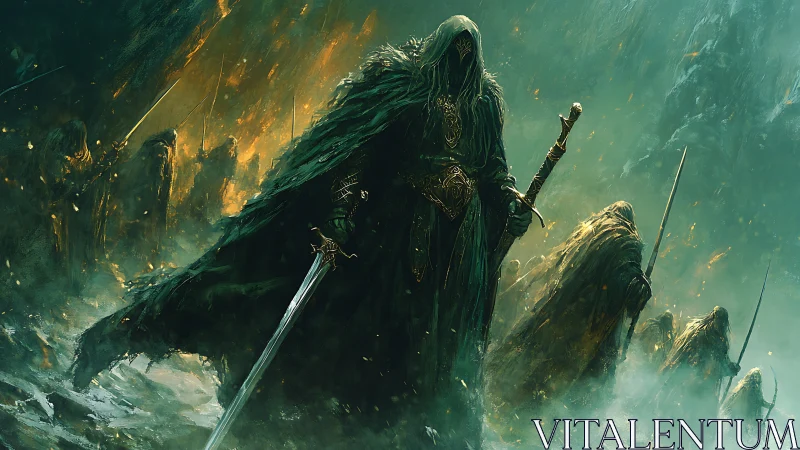 Cloaked spectral warlord with blade leading phantasmal host.