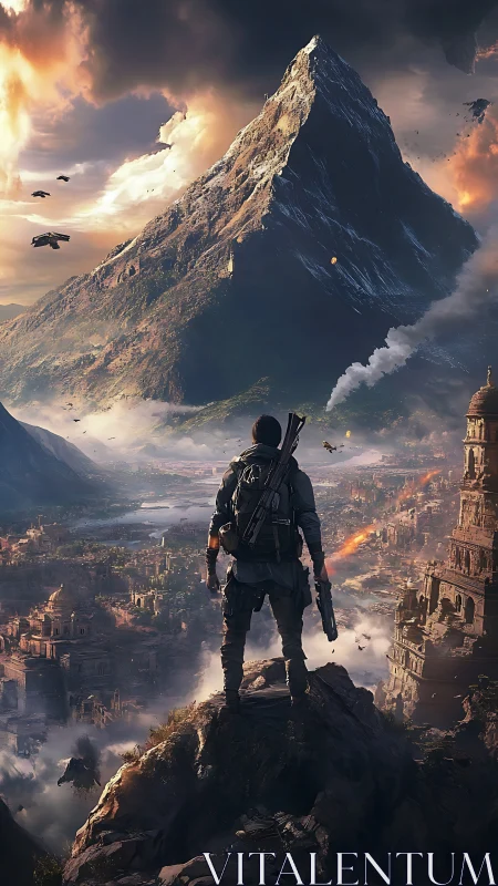 Lone futuristic soldier surveys burning mountain citadel.