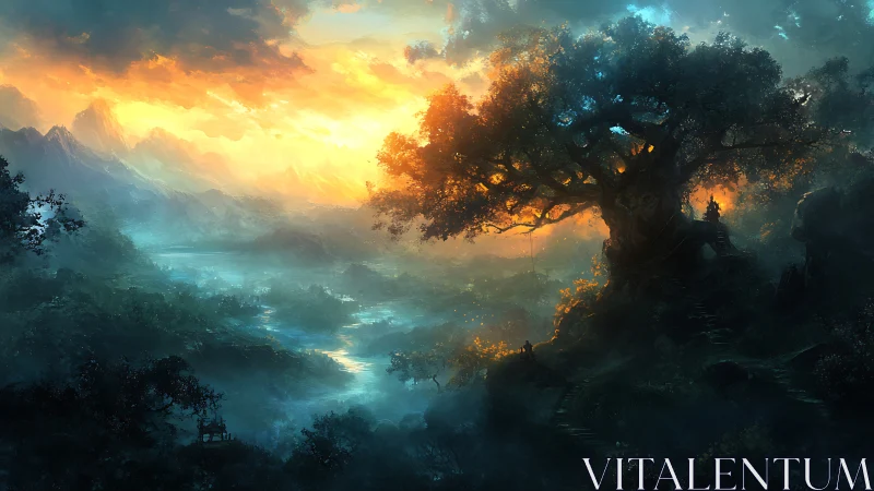 Sunlit river valley and mystical tree at the edge of dawn.