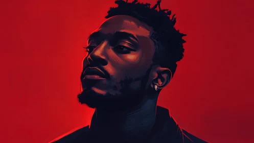 High-contrast digital portrait with red tonal background gradients