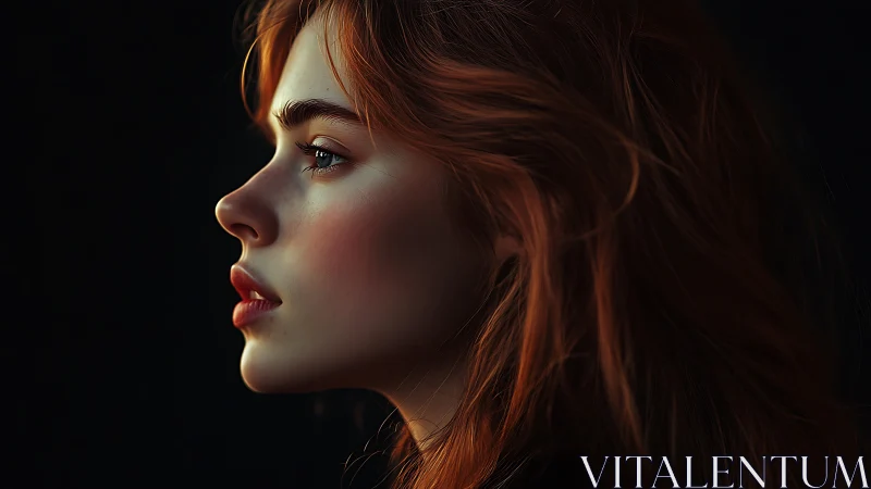 Red haired woman in profile against dark background.